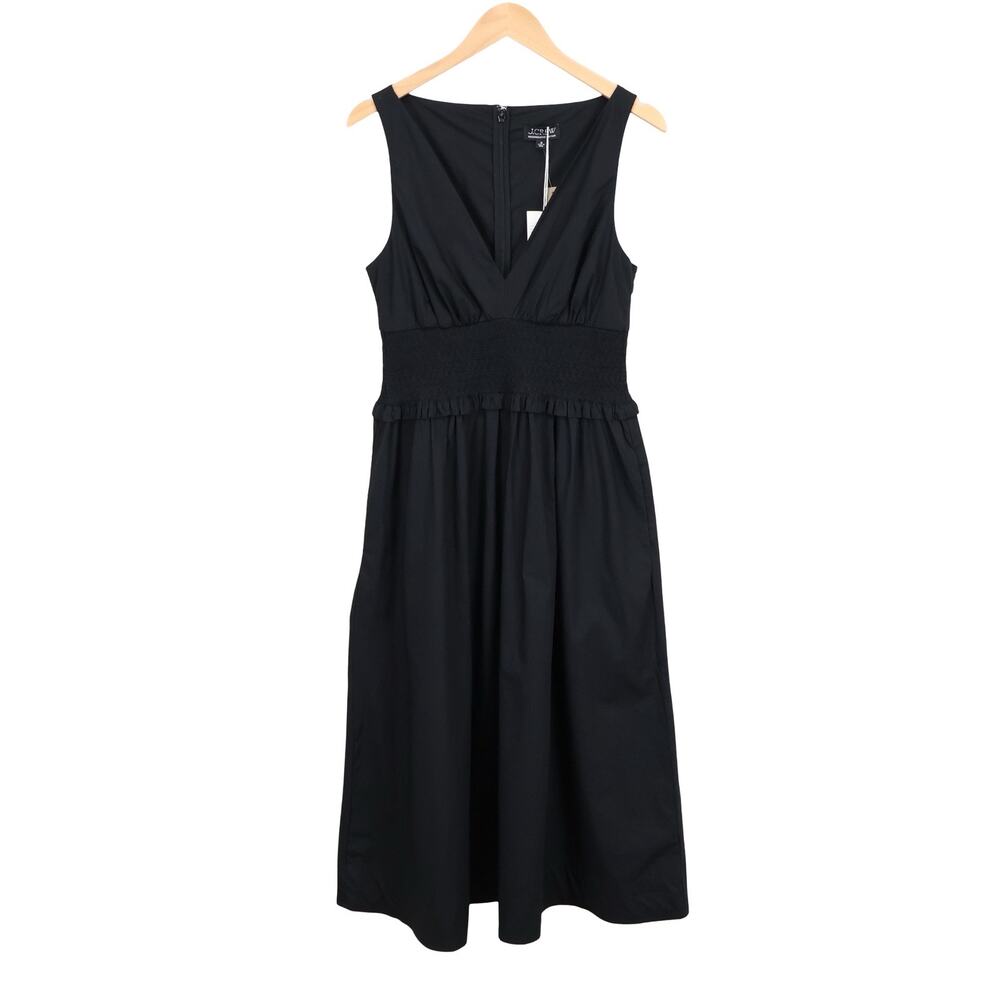 NWT J.Crew Plunge Smocked Waist 100% Cotton Poplin Midi Dress Black Size Medium - Picture 2 of 8